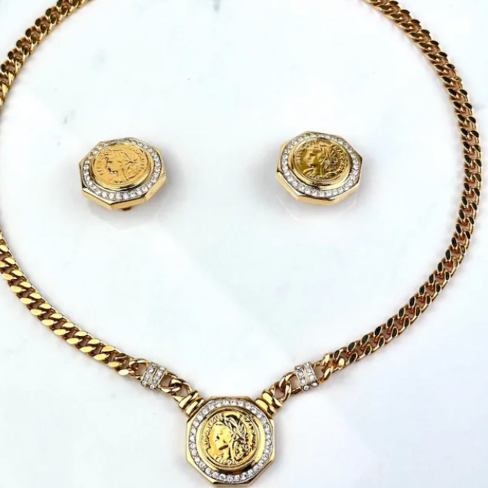 Vintage Gold Coin Necklace &  Gold Rhinestones Earrings